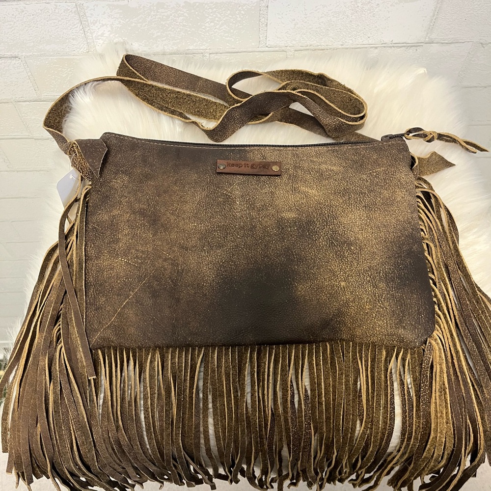 Keep It Gypsy Maxine Upcycled Damask Leather Fringe Bag - Picture 2 of 5